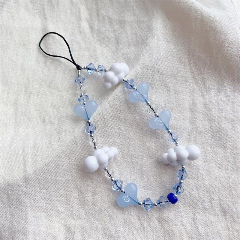 WCCH Beaded Phone Charm Y2K Kawaii Handmade Acrylic Phone Lanyard Wrist Strap for Camera Bag Airpods Keychain Charm Light Blue Heart with White Clouds - Image 3